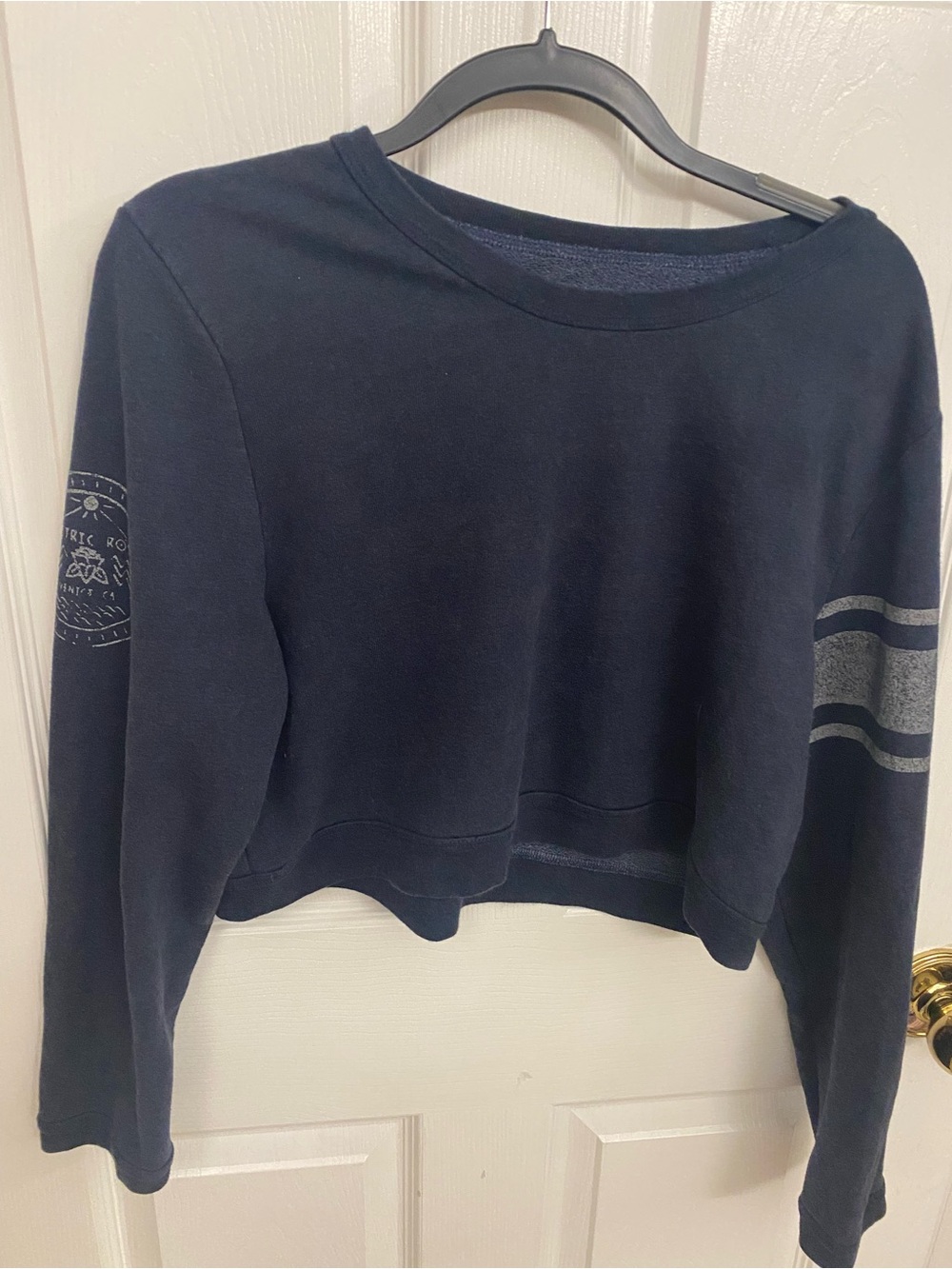 Electric & Rose Navy Cropped Crew Sweatshirt with Sleeve Stripes